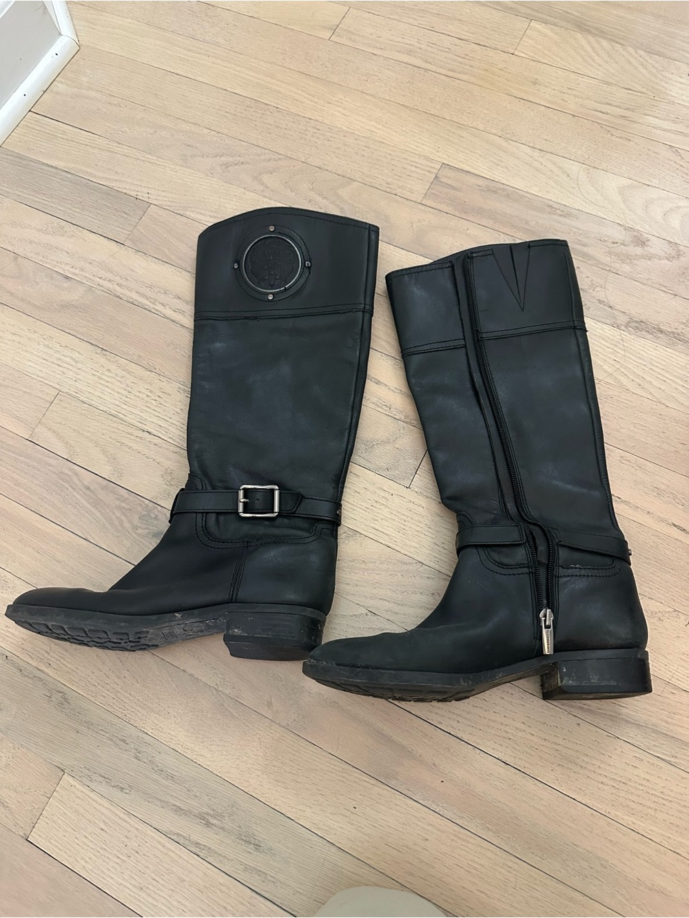 Vince Camuto Black Leather Over-The-Knee Buckle Boots